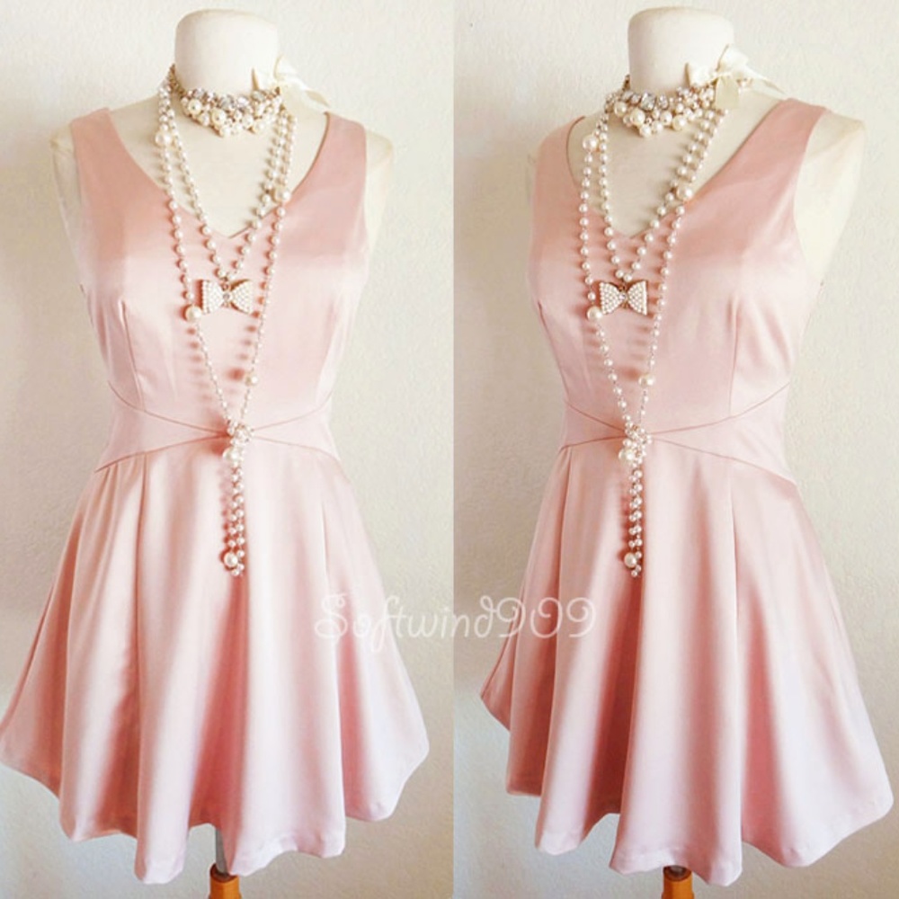 Pale Pink Soft Satin Classic V Neck Skater Dress - Picture 2 of 6